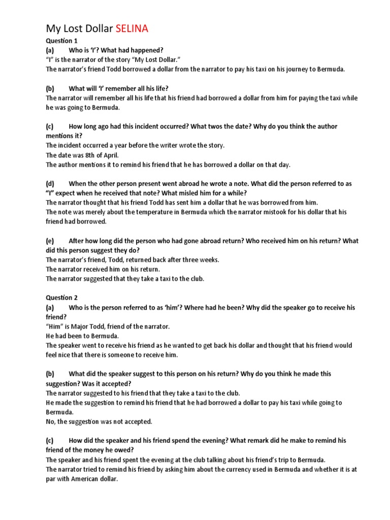 My Lost Dollar Story Summary