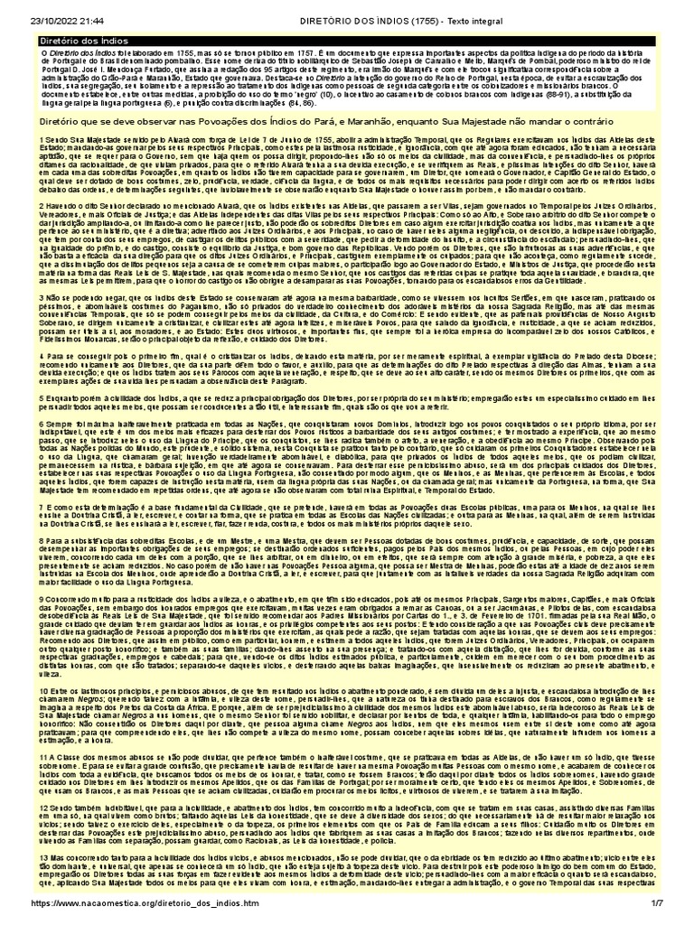 DIRETÓRIO DOS ÍNDIOS (1755) - Texto Integral | PDF | Estado | Povos ...