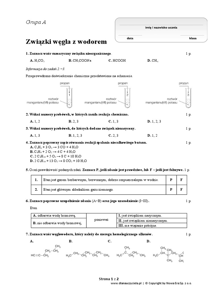Wegiel I Jego Zwiazki Z Wodorem Grupa A I B