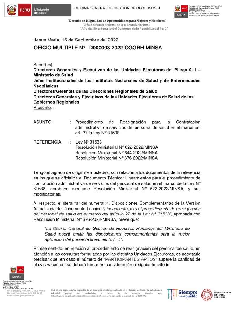OFICIO MULTIPLE-000008-2022-OGGRH Re | PDF | Perú | Lima