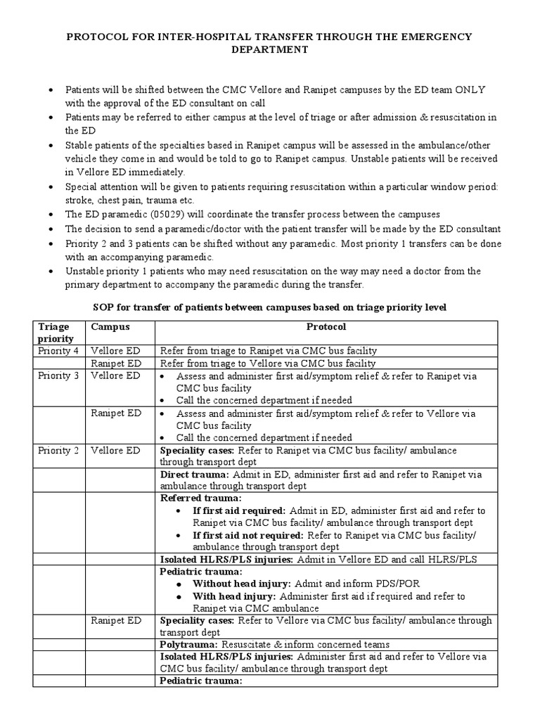 Inter-Hospital Transfer Protocol SOP | PDF | Emergency Medical Services ...