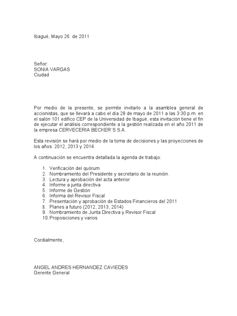 Cartas Invitacion Asamblea Pdf