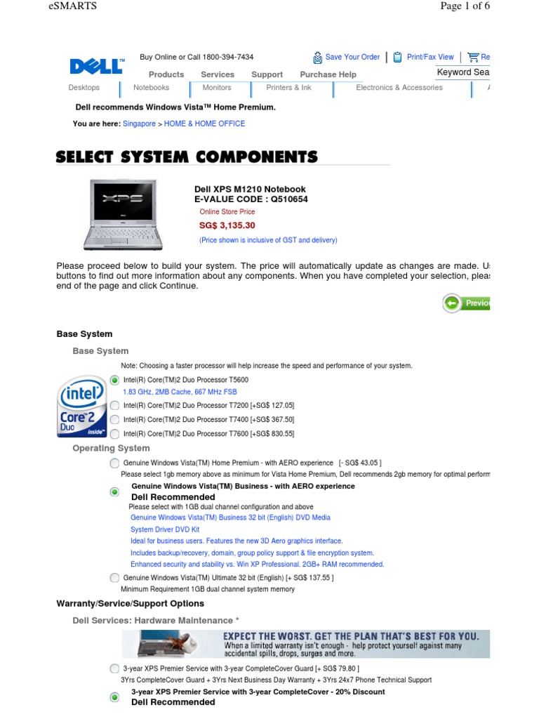 Dell XPS M1210 Notebook EVALUE CODE Q510654 Dell Windows