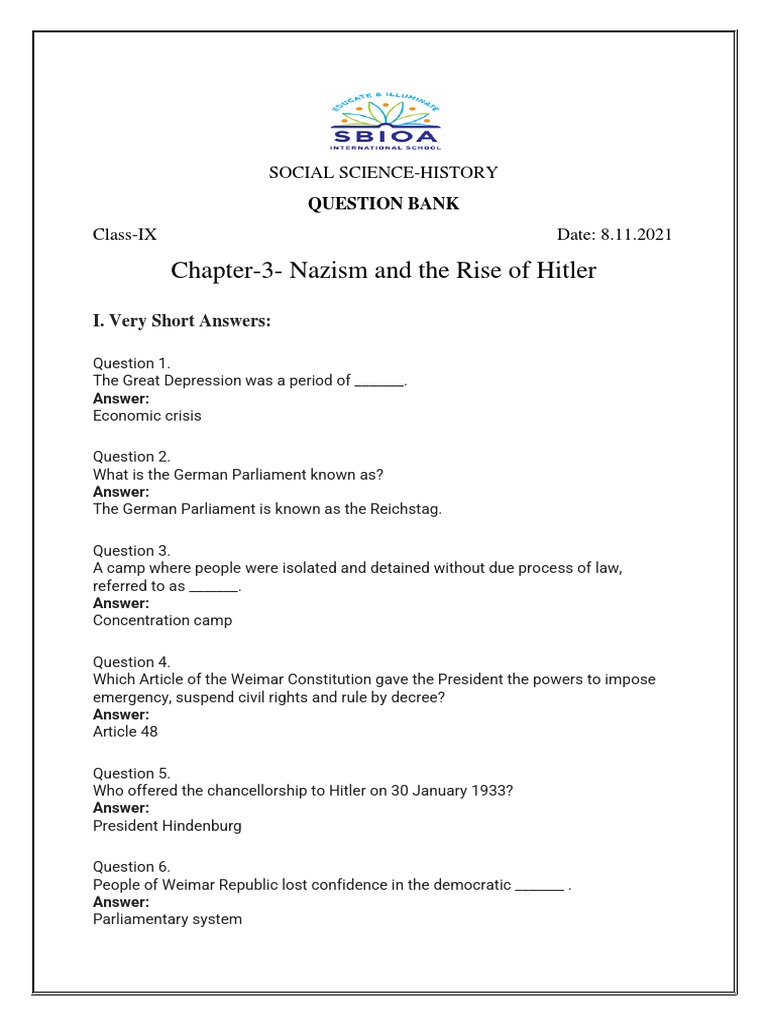 G 9 CH 3 His Question Bank | PDF | Nazi Germany | Weimar Republic