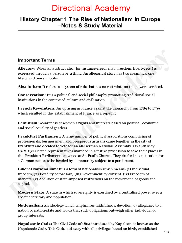 CBSE Class 10 History Notes Chapter 1 - The Rise of Nationalism in Europe.