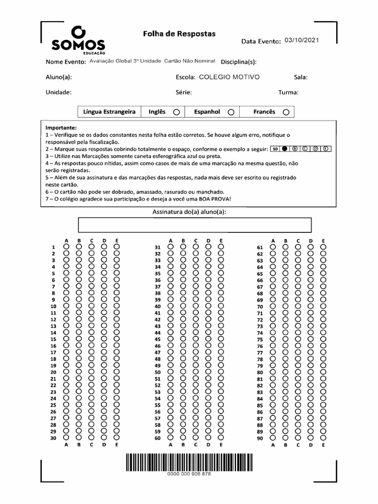 CARTÃO RESPOSTAS - Avaliação Global 1ºdia | PDF