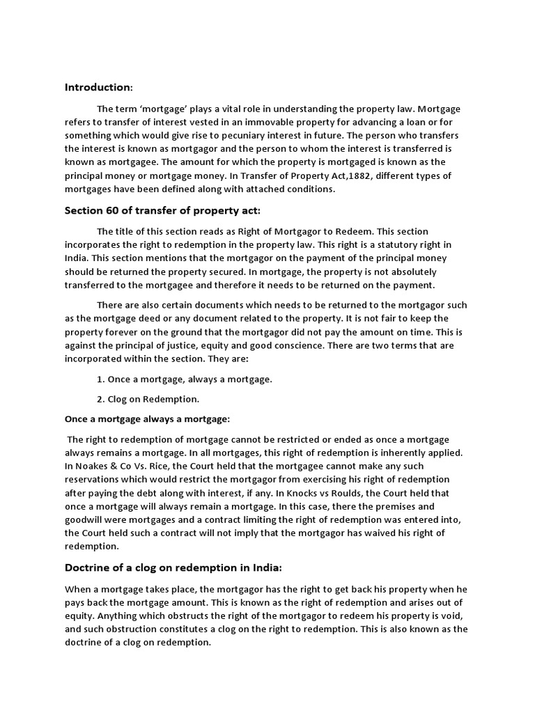 Assignment PropertyLaw The Doctrine of Clog On Redemption PDF