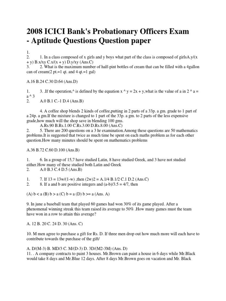 2008 ICICI Bank's Probationary Officers Exam - Aptitude Questions ...