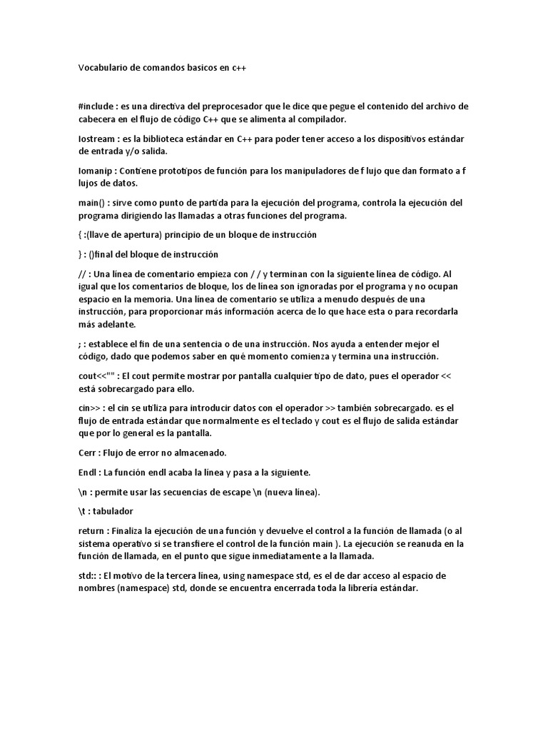 Vocabulario de Comandos Basicos en C | PDF