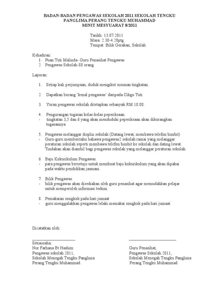 Contoh Minit Mesyuarat