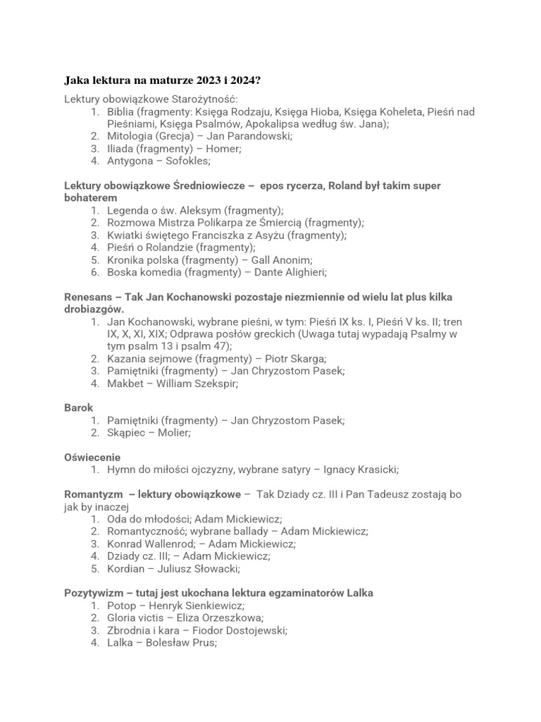 Lista Lektur Obowiązkowych Matura 2023 PDF