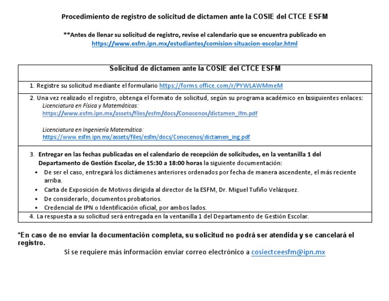 Solicitud de Dictamen COSIE ESFM | PDF