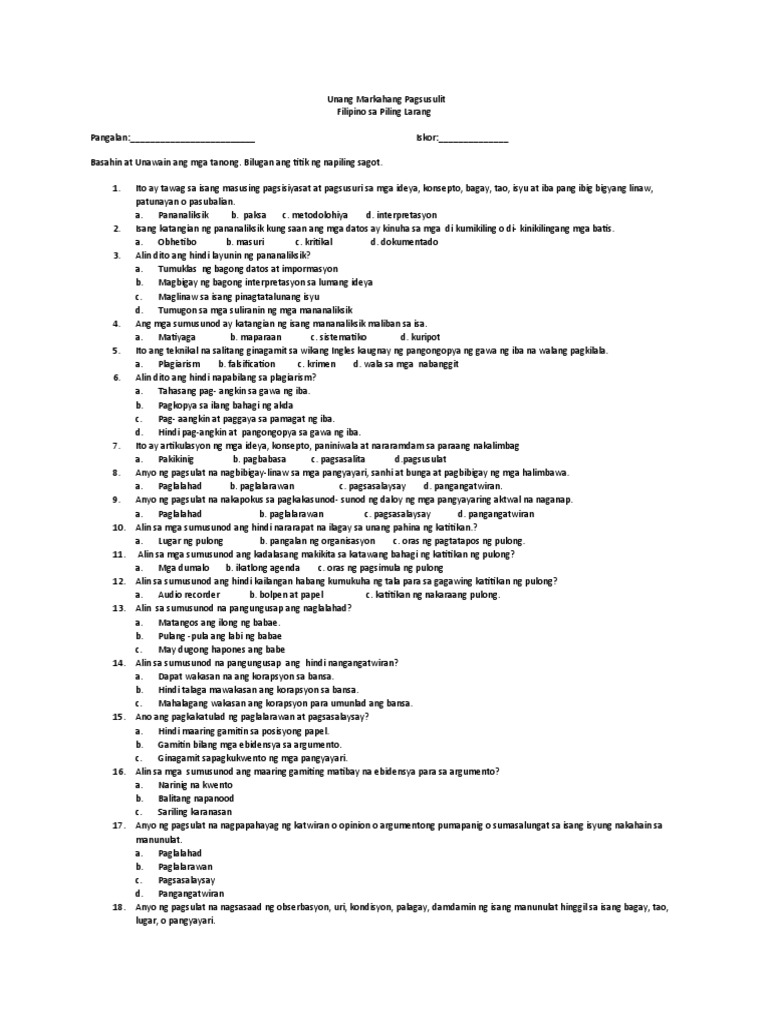 First Quarter - Piling Larang | PDF
