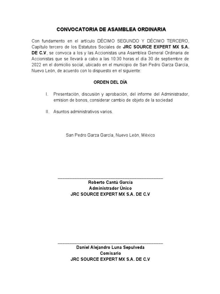 Convocatoria a Asamblea Ordinaria 2022 PDF Negocios Derecho