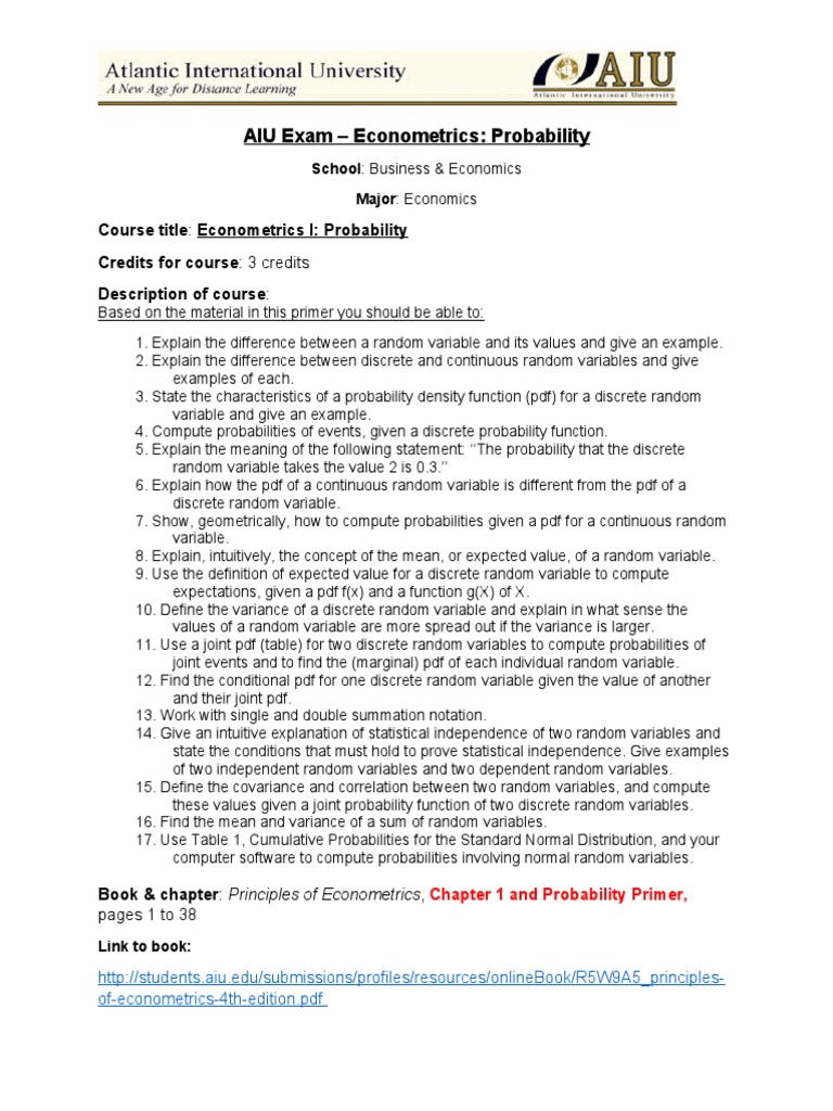 Econometrics I: Probability Exam Guide | PDF | Probability Density ...