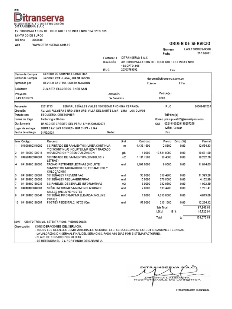 Orden de Servicio Ditranserva S.A.C. | PDF | Industrias de servicio
