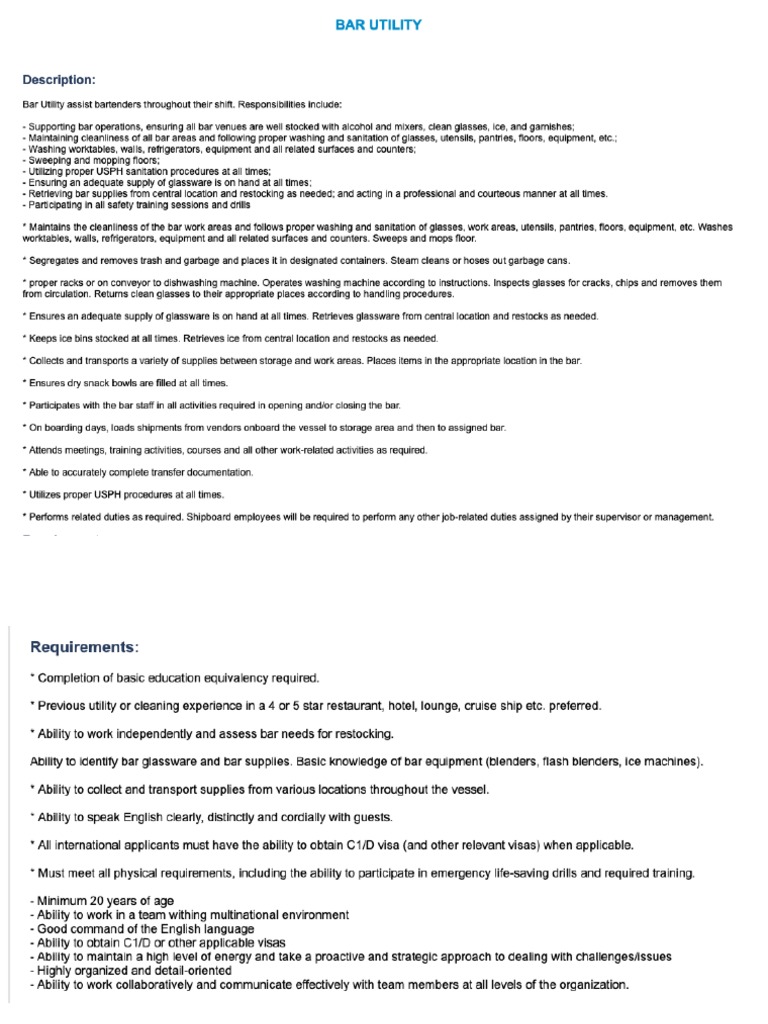 Job Description - Bar Utility | PDF