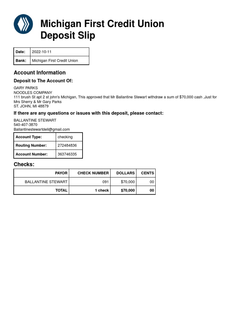 Michigan First Credit Union Deposit Slip 2022 10 11 PDF