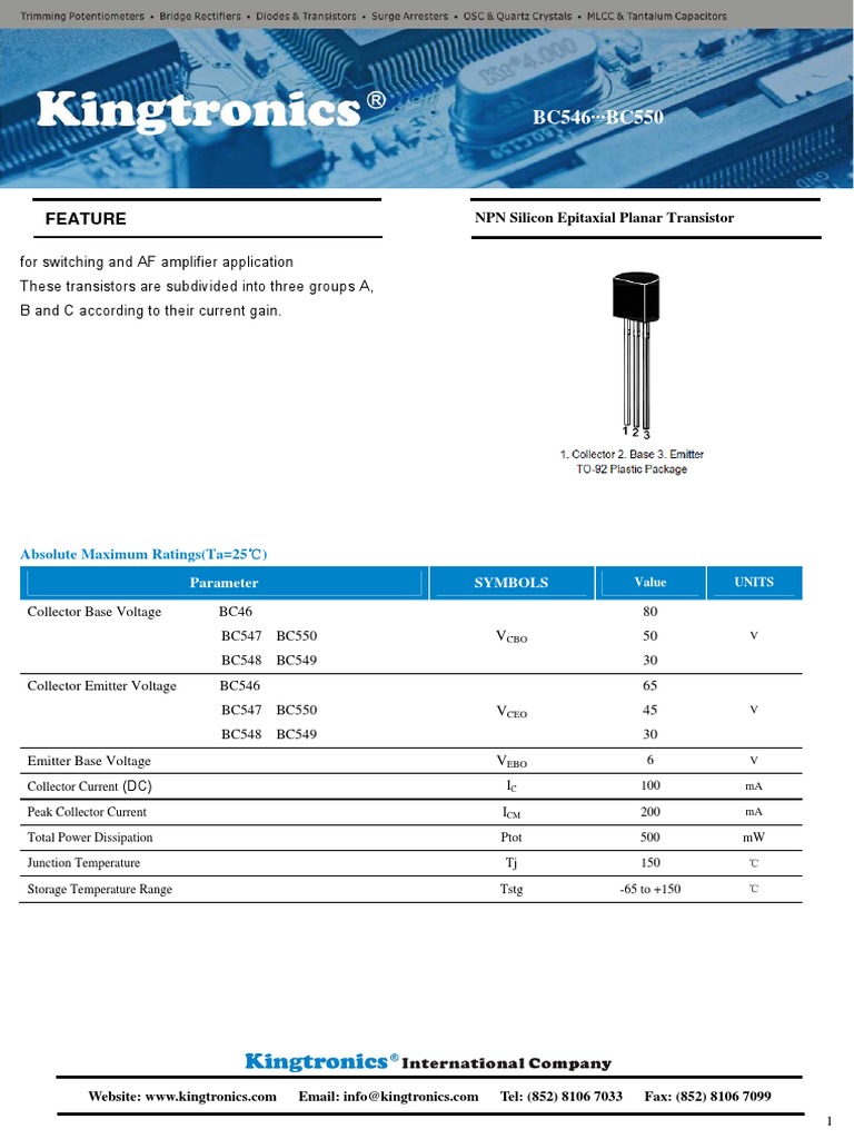 NPN Transistor Specifications BC546-BC550 | PDF | Bipolar Junction ...