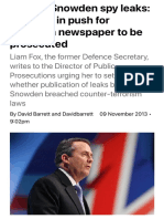 Edward Snowden Spy Leaks - Liam Fox in Push For Guardian Newspaper To Be Prosecuted