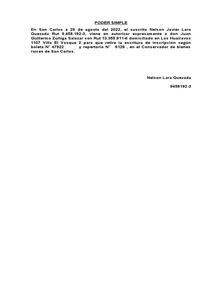 Poder Simple para Retiro de Escritura | PDF