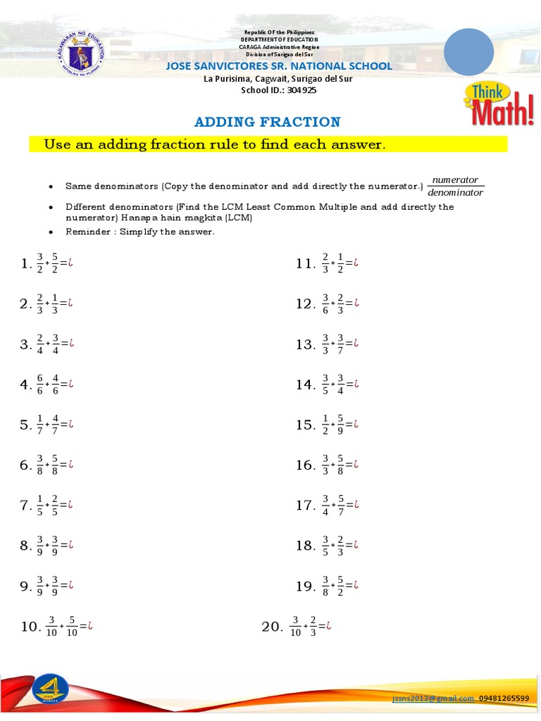 Adding and Subtracting Fractions Worksheet from Jose Sanvictores Sr ...