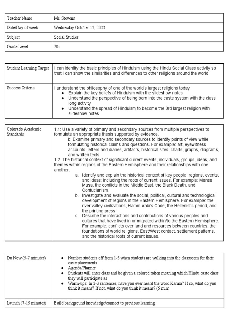Ancient India Hinduism Lesson Plan Pdf Historiography Reincarnation