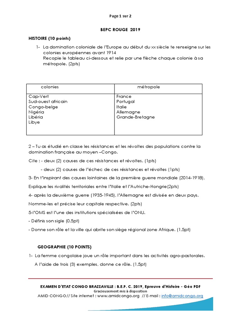 Devoir Commun Histoire géographie 3ème 2022 Sujet BEPC 2019 Histoire Geo | PDF | République du Congo