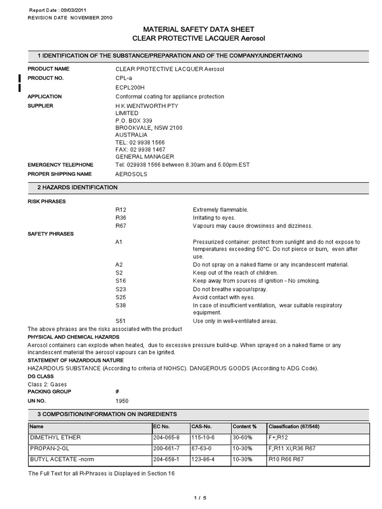Lacquer Spray Aerosol PDF Dangerous Goods Toxicity
