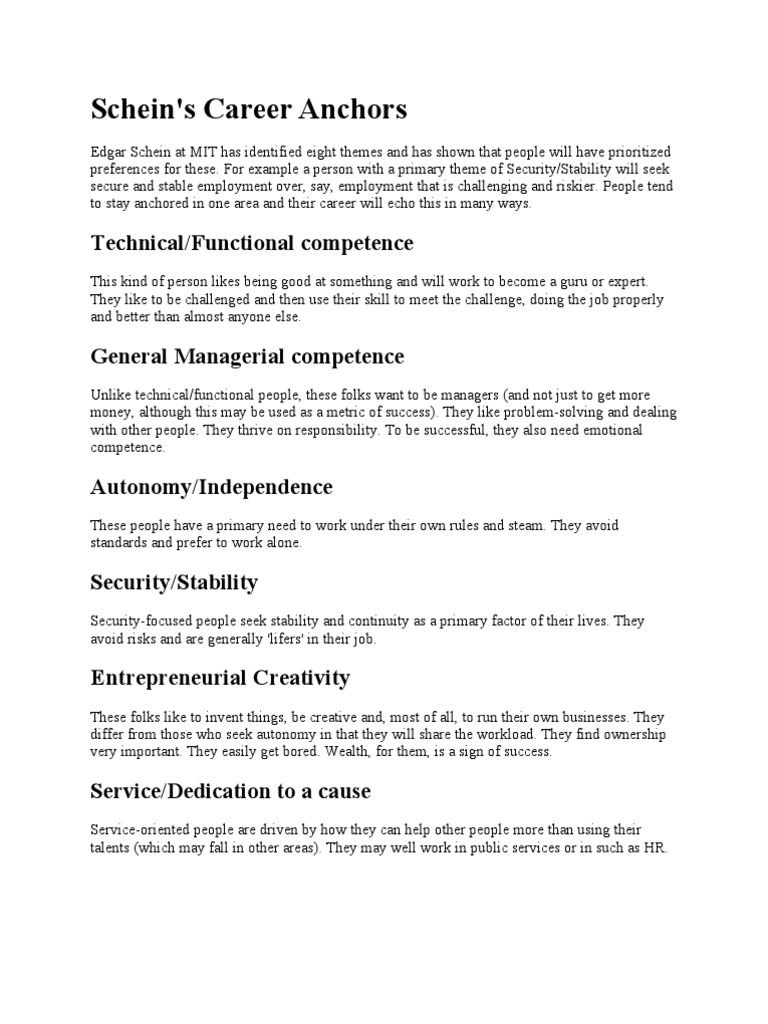 Understanding Career Anchors Using Edgar Schein's Framework to