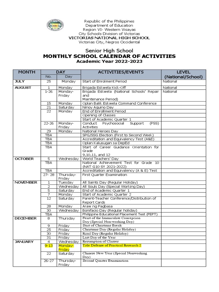 School Calendar SHS Research PDF Observances Festival