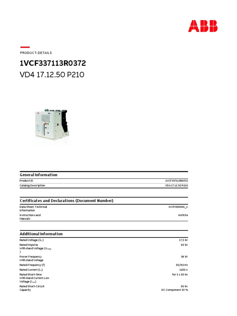 ABB VD4 Vacuum Circuit Breaker Specs | PDF