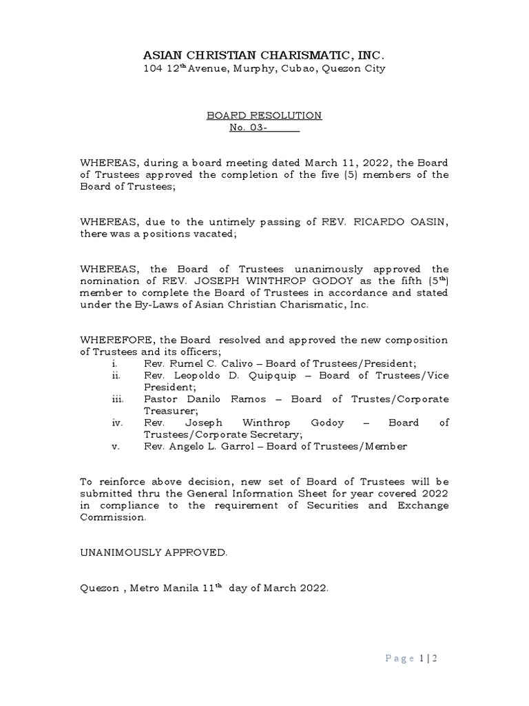 Board Resolution for Trustee Appointment | PDF | Social Science