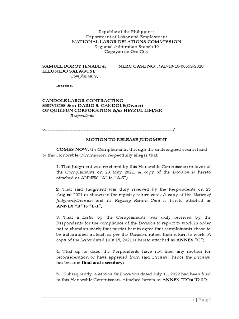 Motion for Execution of Judgment PDF Legal Procedure Private Law