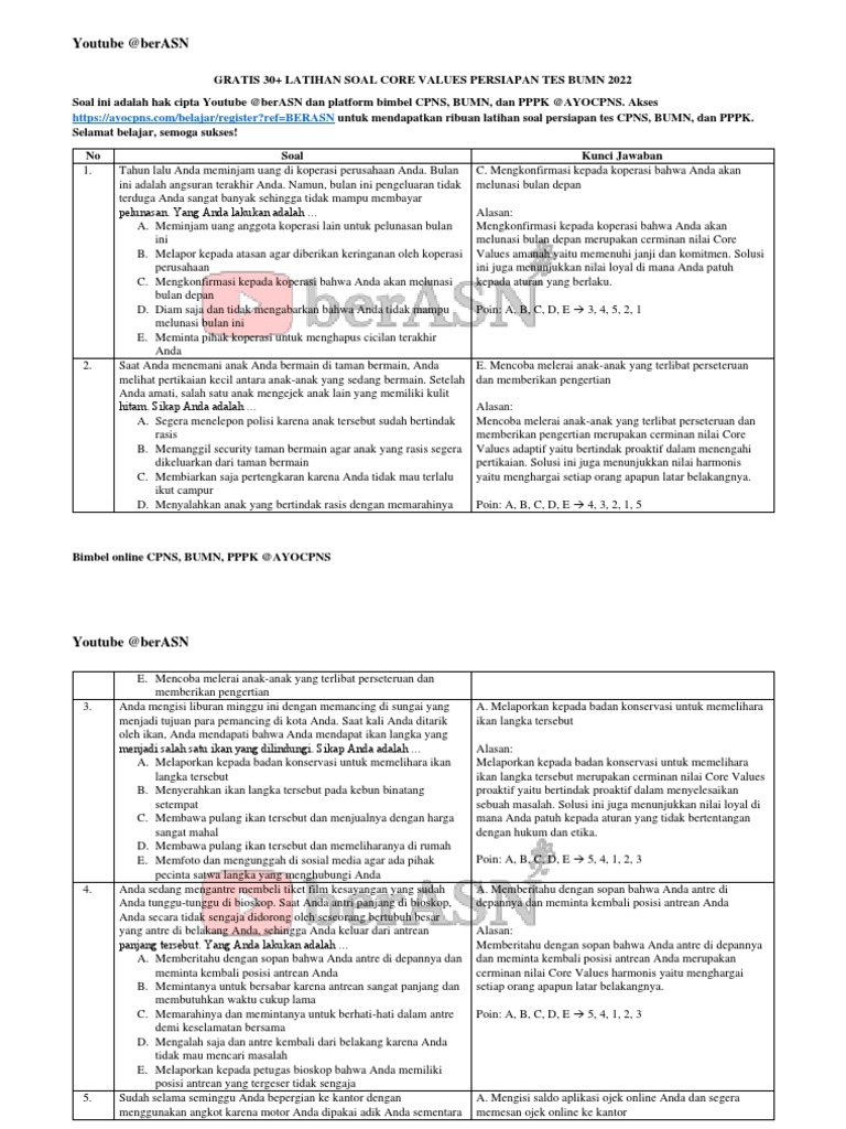 Gratis Latihan Soal Core Values BUMN 2022 Batch 2 PDF