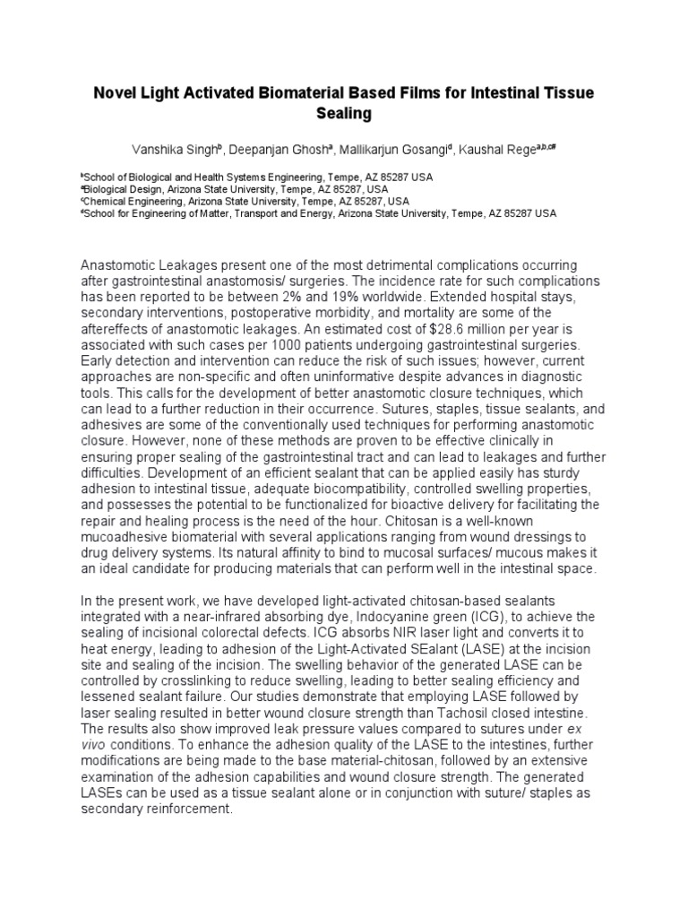 AIChE Abstract Novel Light Activated Biomaterial Based Films For