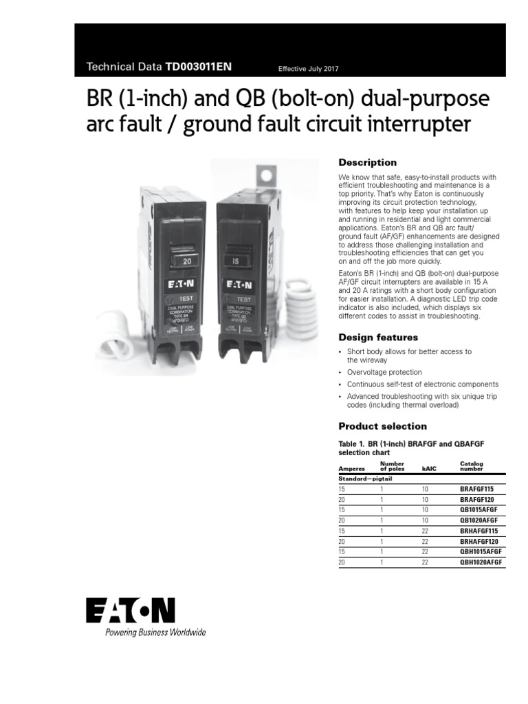 BR and QB Dual Purpose Arc Fault Ground Fault Circuit Interrupters
