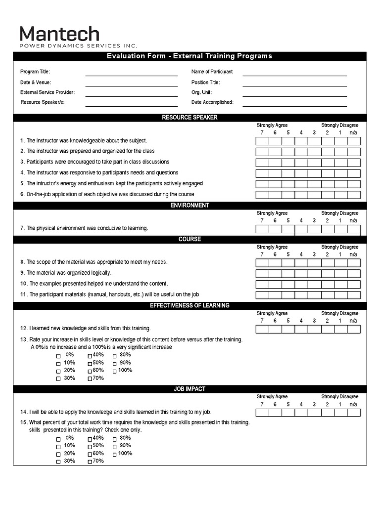 Post Training Evaluation Form External PDF Employment Learning