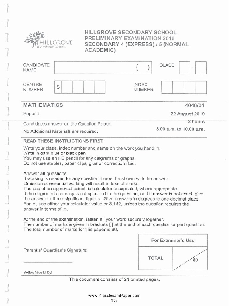 O Level E Math Hillgrove Sec Prelim 2019 PDF