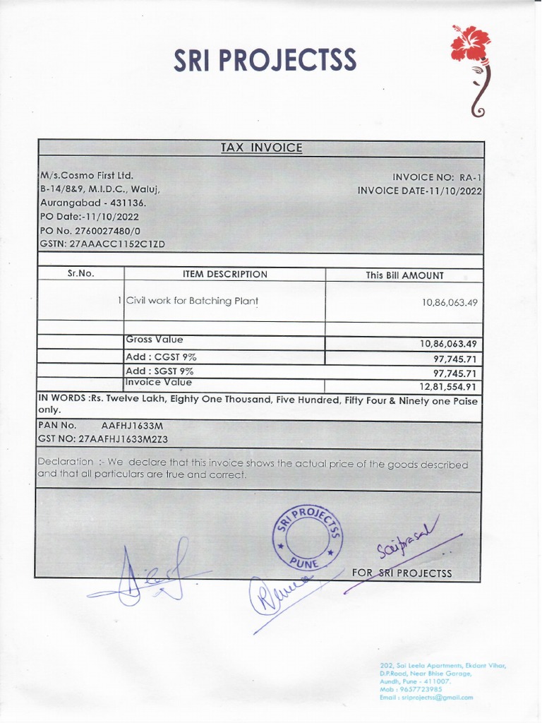 Batch Plant Ra1 Invoice | PDF