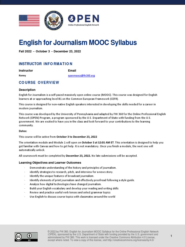 Fall 2022 English For Journalism Syllabus | PDF | Journalism | News