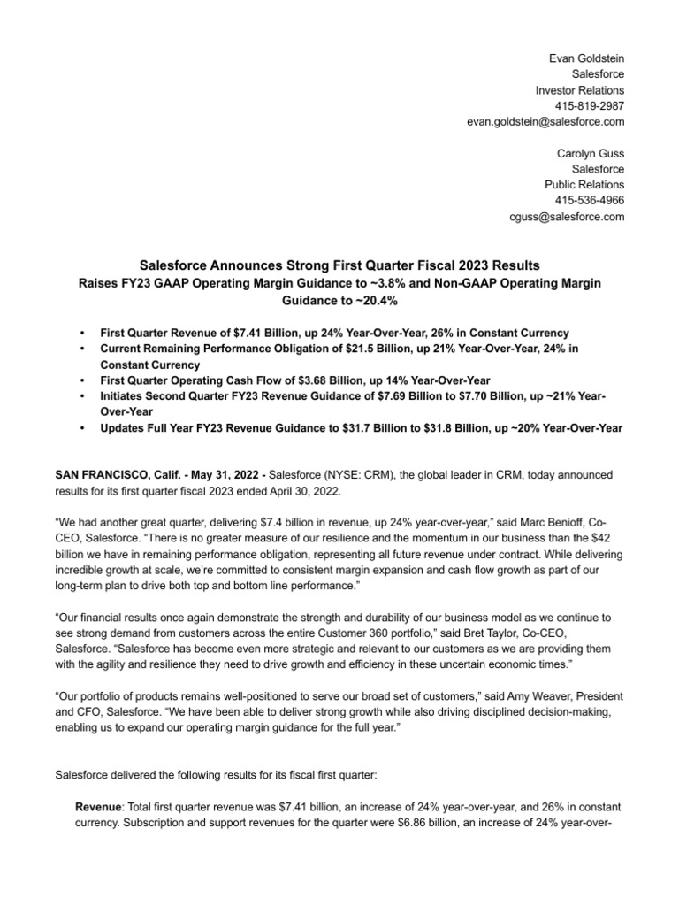 CRM Q1 FY23 Earnings Press Release W Financials PDF Investing Expense
