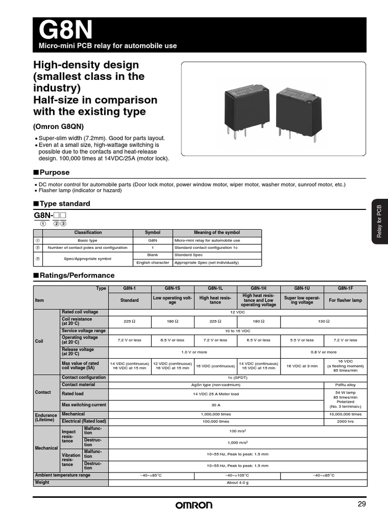 Specification Sheet for the Omron G8N MicroMini PCB Relay for