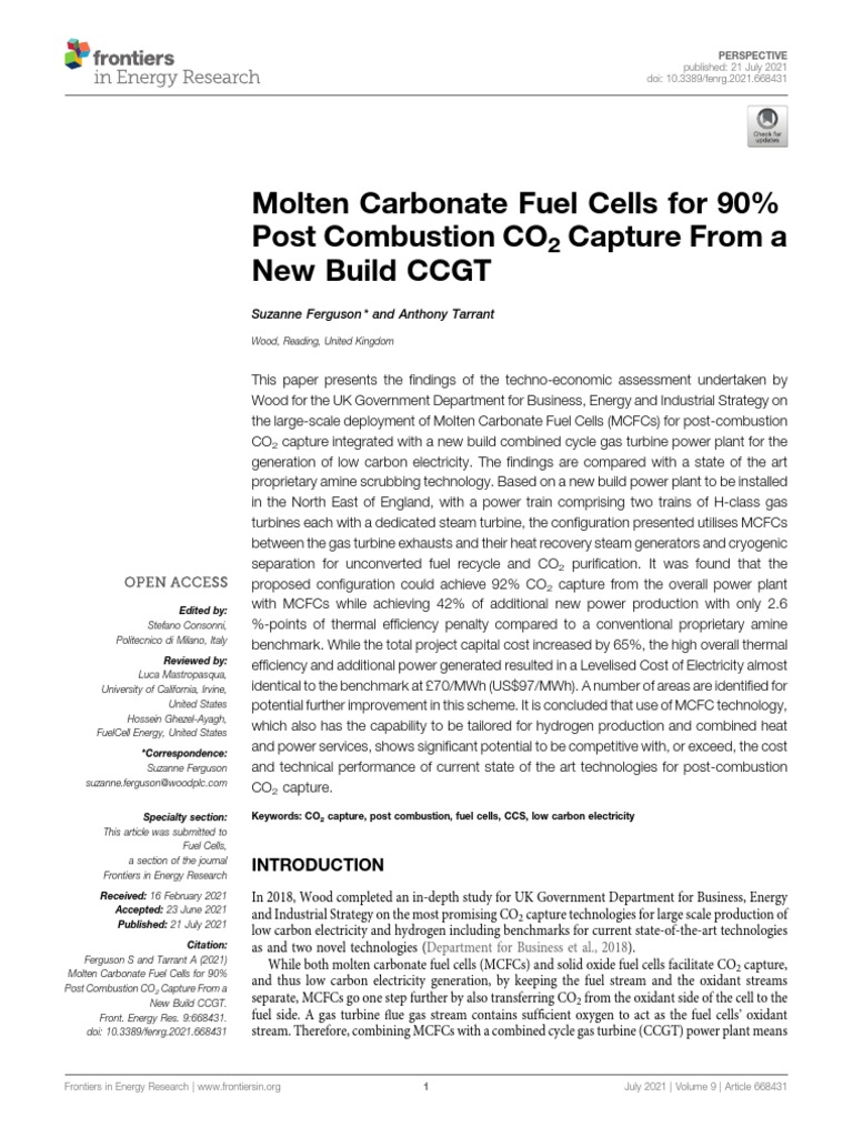 Molten Carbonate Fuel Cells For 90 Post Combustion CO2 Capture From A