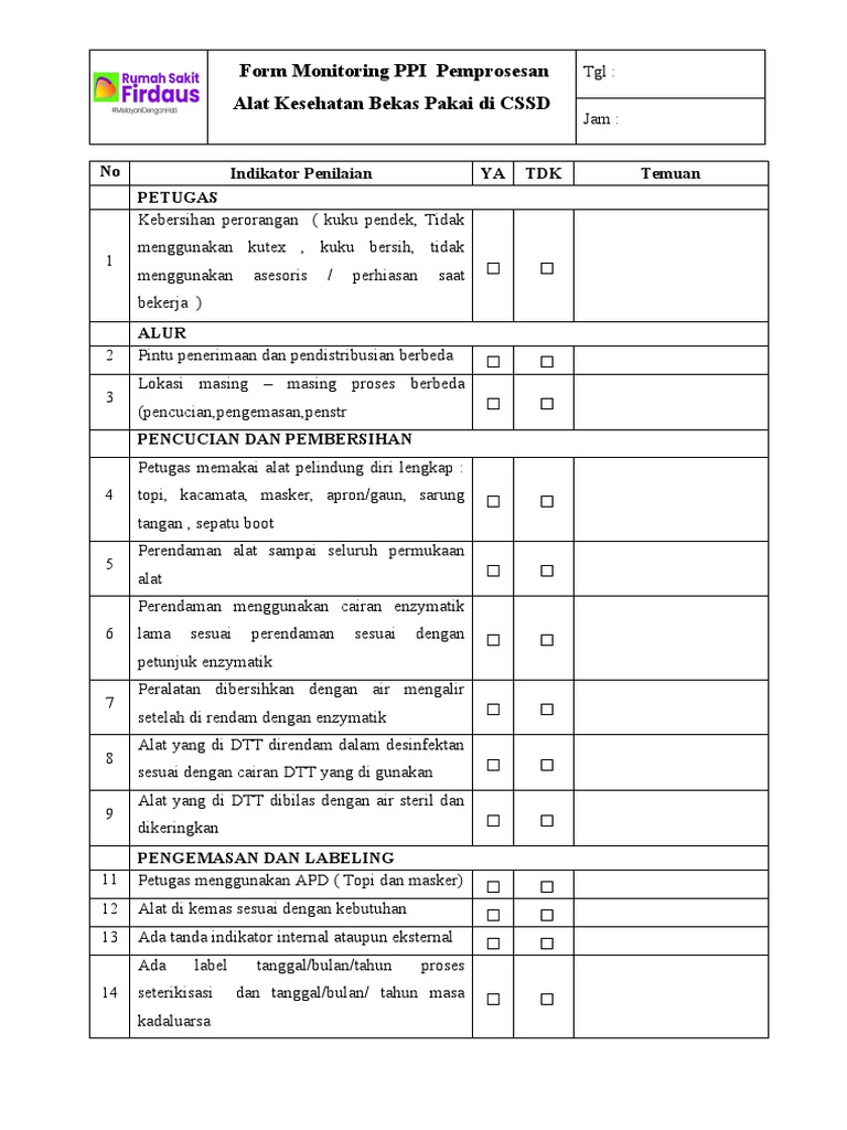Form Monitoring Di CSSD RS Firdaus | PDF