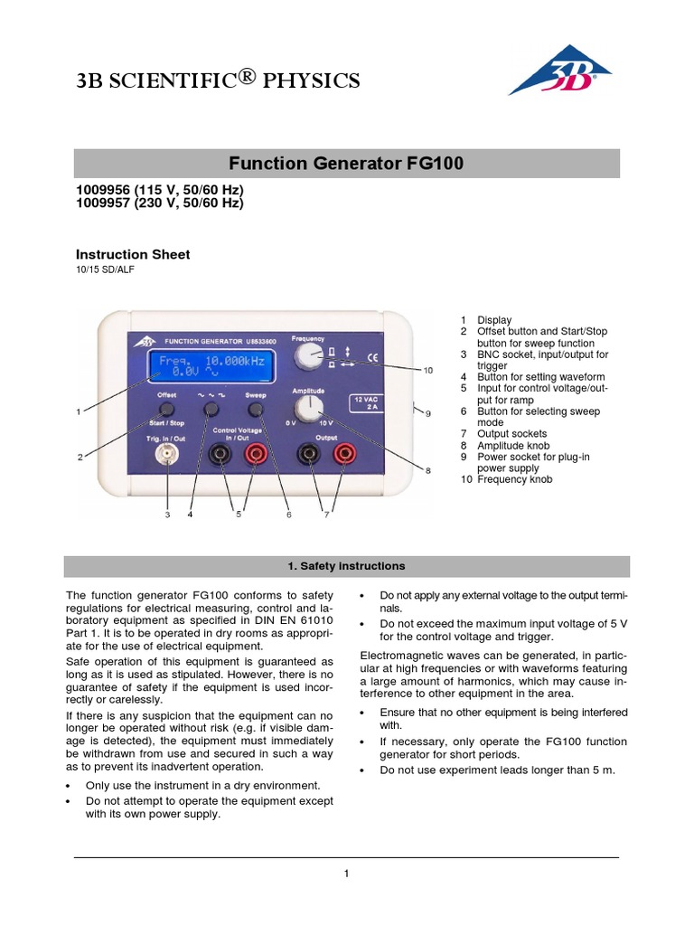 3B Scientific® Physics Function Generator FG100 PDF Power Supply