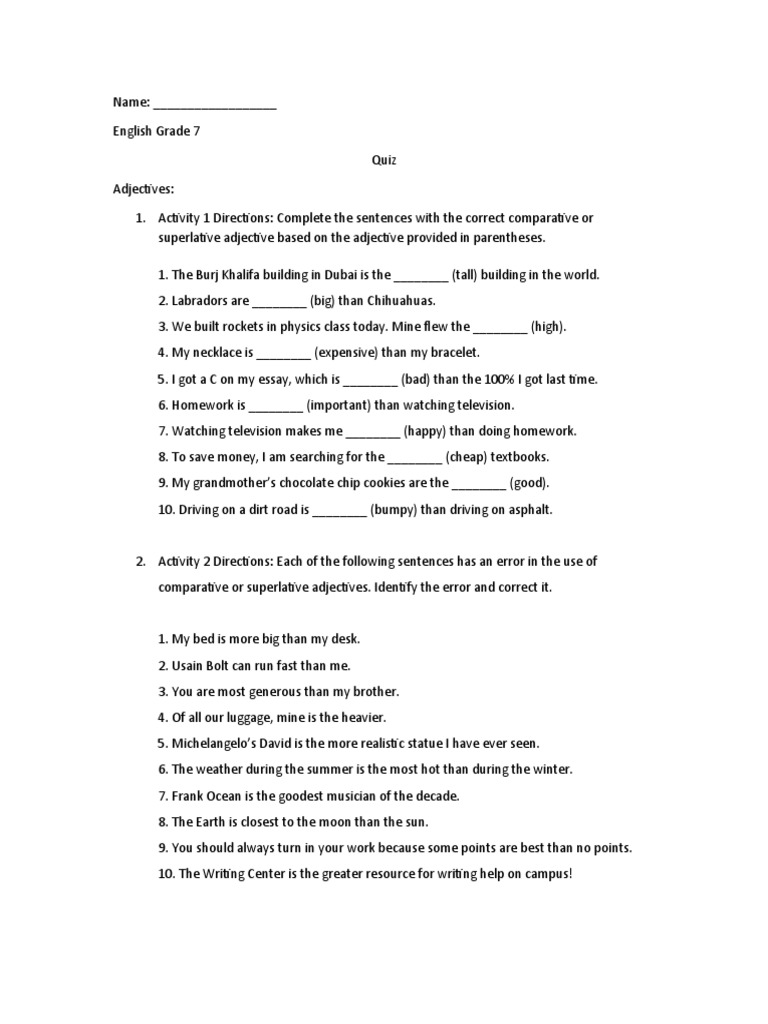 Adjectives and Rhyme Quiz PDF