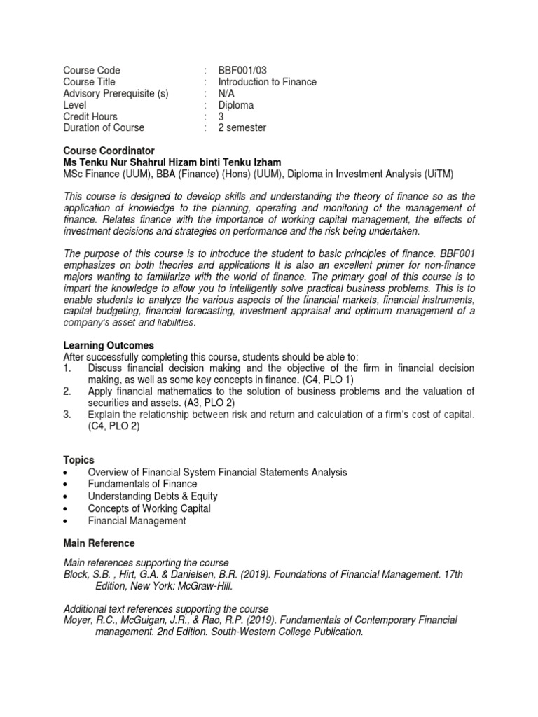 Introduction to Finance Course Overview | PDF | Valuation (Finance ...