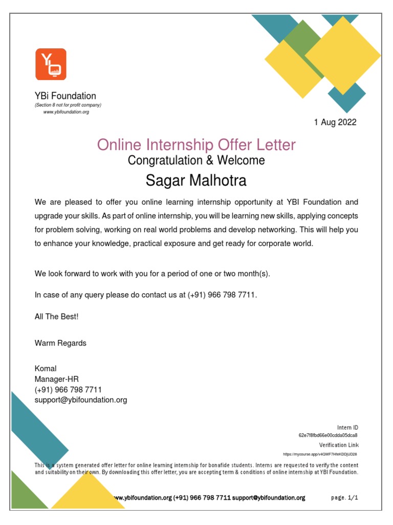 YBI Foundation Online Internship Offer | PDF