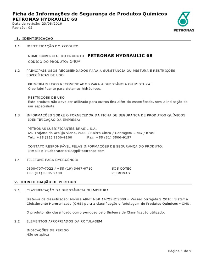 FISPQ PETRONAS Hydraulic 68 PDF Combustão Química